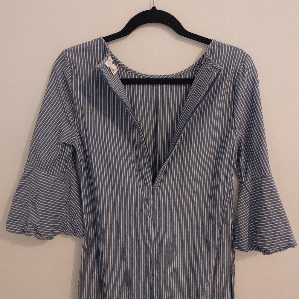 J.Crew Relaxed Fit Size 2 Blue White Striped Bell Sleeve Cotton Tunic Dress - Picture 6 of 11